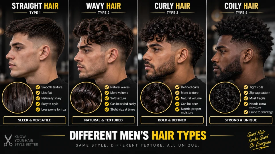 Comparison chart of straight, wavy, curly, and coily hair types
