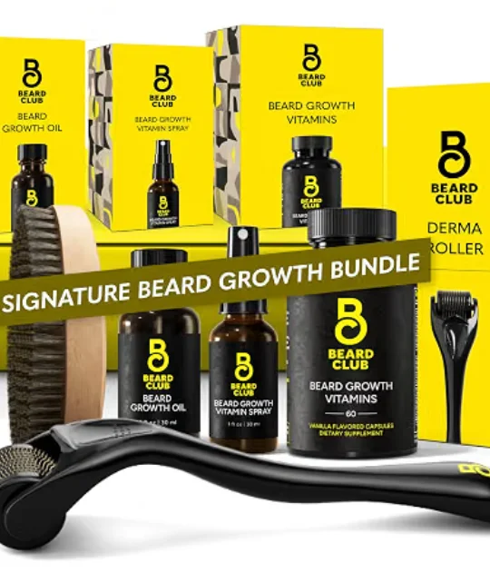 The Beard Club Signature Beard Growth Kit with derma roller, oil, and vitamins