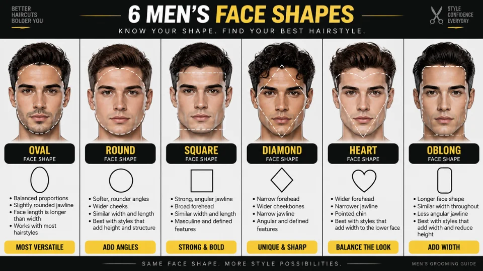 Chart of the six common face shapes including oval, round, and square