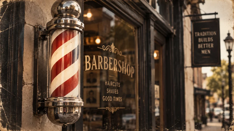 Classic red and white striped barber pole outside a barbershop