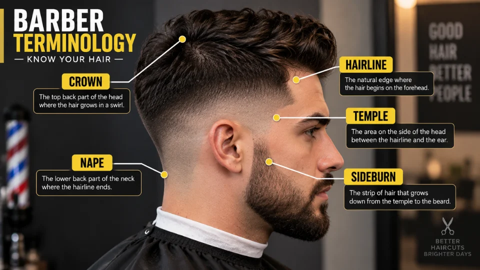 Diagram labeling the crown, nape, hairline, and sideburn areas of the head