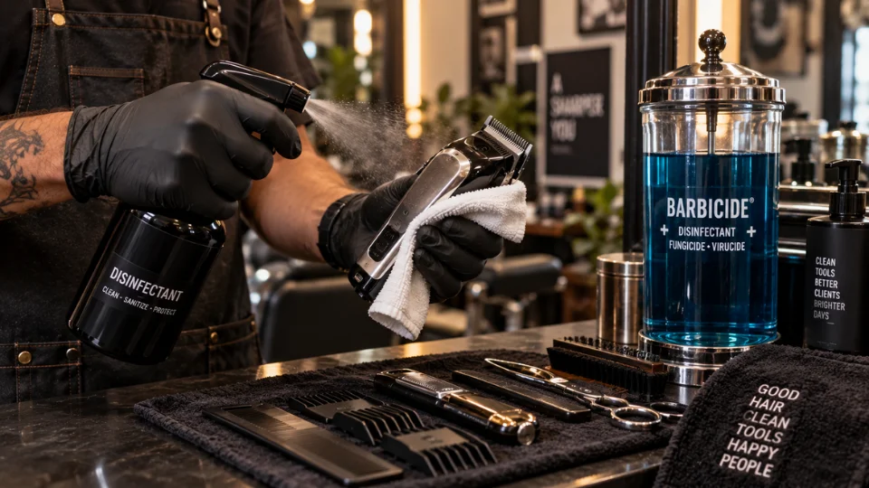 Barber disinfecting clippers next to a barbicide sanitizing jar