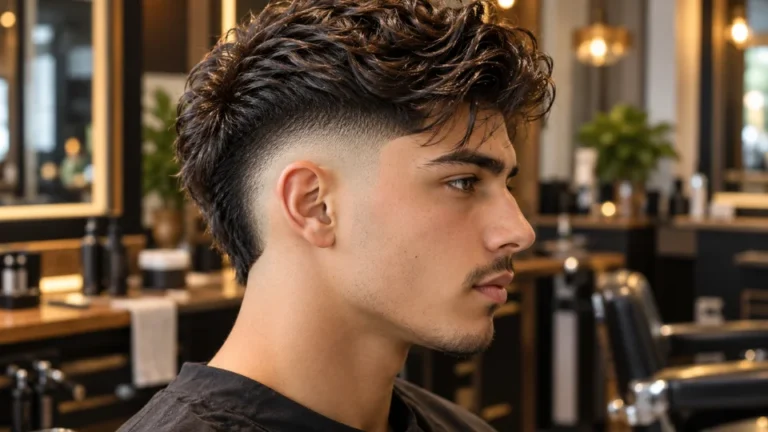 Man with a burst fade haircut styled with pomade, showing clean fade blend and textured top