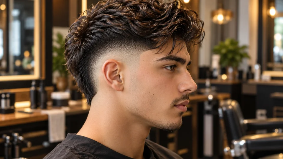 Man with a burst fade haircut styled with pomade, showing clean fade blend and textured top
