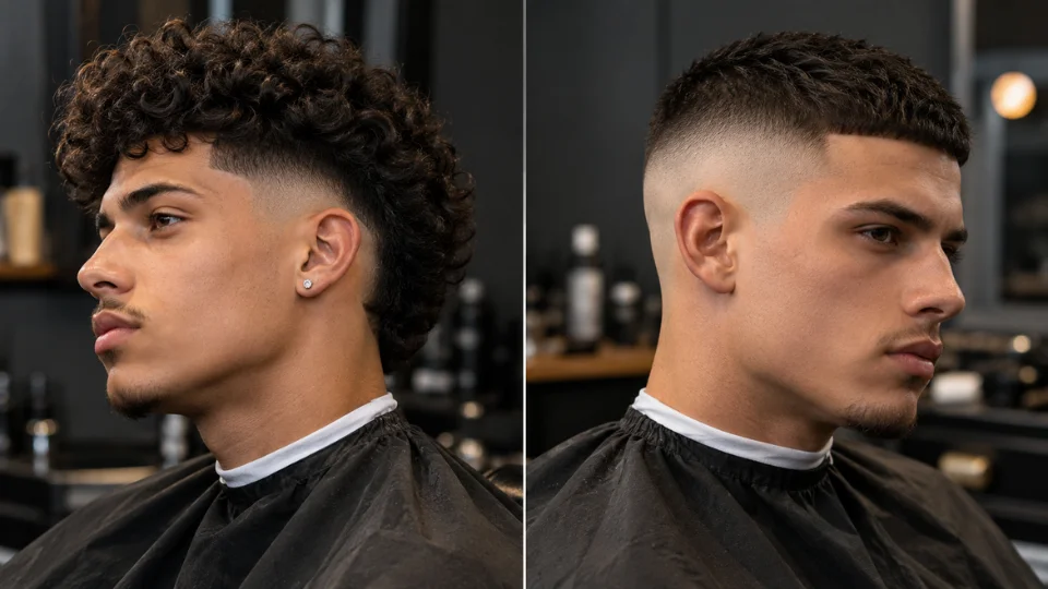 Burst Fade vs Skin Fade Split-screen photo comparing a burst fade haircut and a skin fade haircut side by side