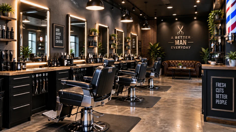 Clean, organized barbershop interior with multiple barber stations
