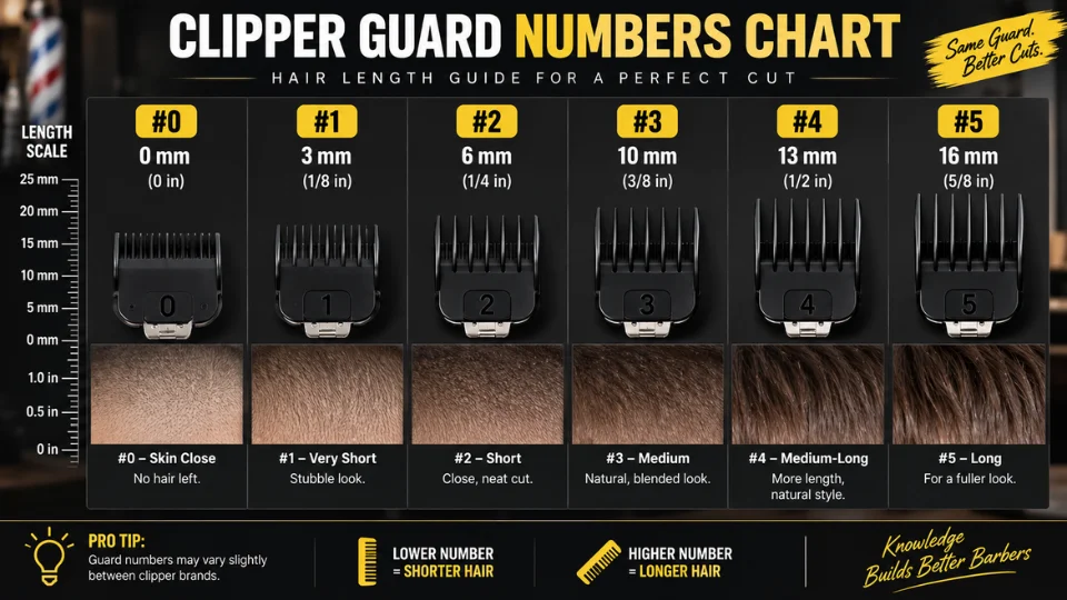 Clipper guard number chart showing hair length for each guard size
