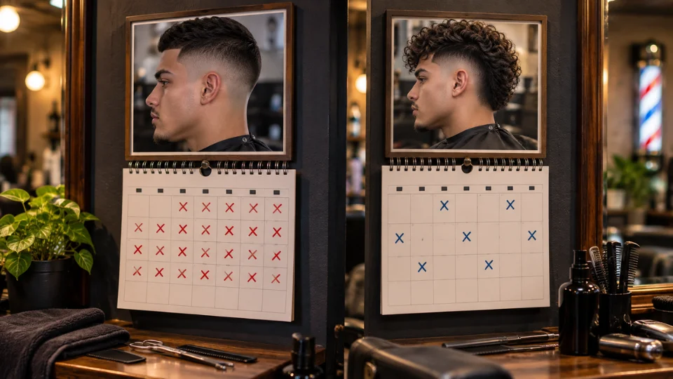 Split editorial photograph showing two barbershop wall calendars side by side,