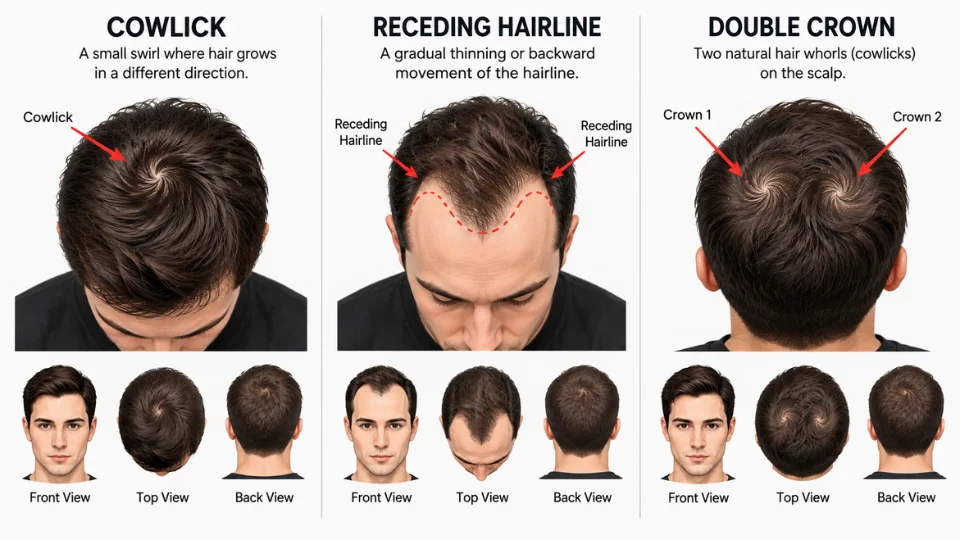 Diagram illustrating a cowlick, receding hairline, and double crown