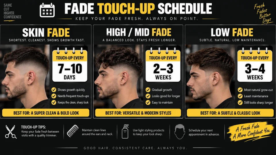 Calendar graphic showing touch-up frequency for different fade types