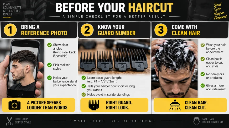 Checklist graphic for preparing for a barber appointment