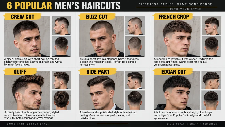 Grid of popular men's haircuts including crew cut, quiff, and side part