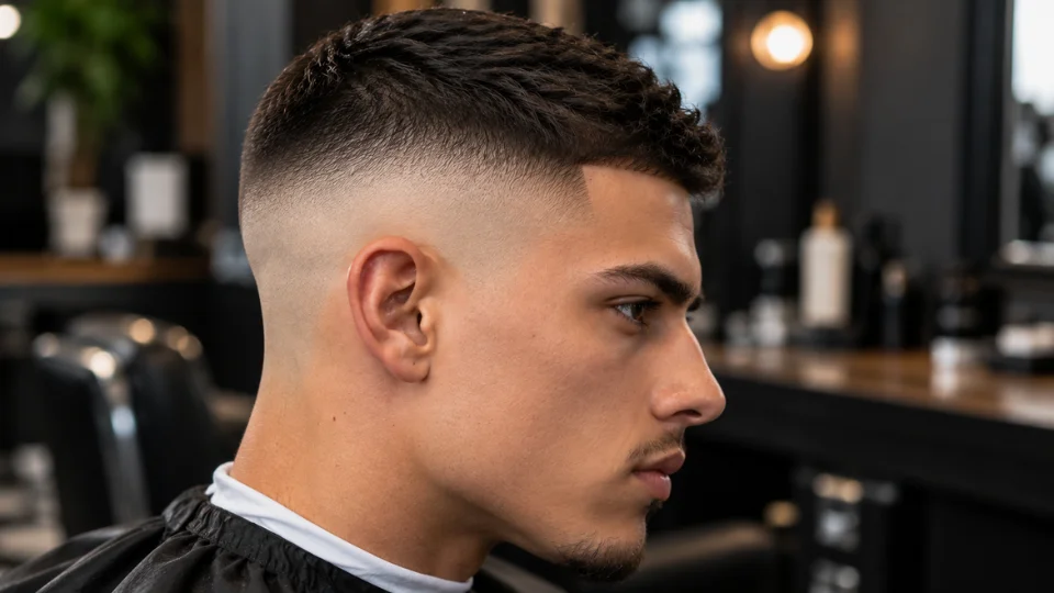 A young man's head from the side, showing a skin fade haircut with clippers taken
