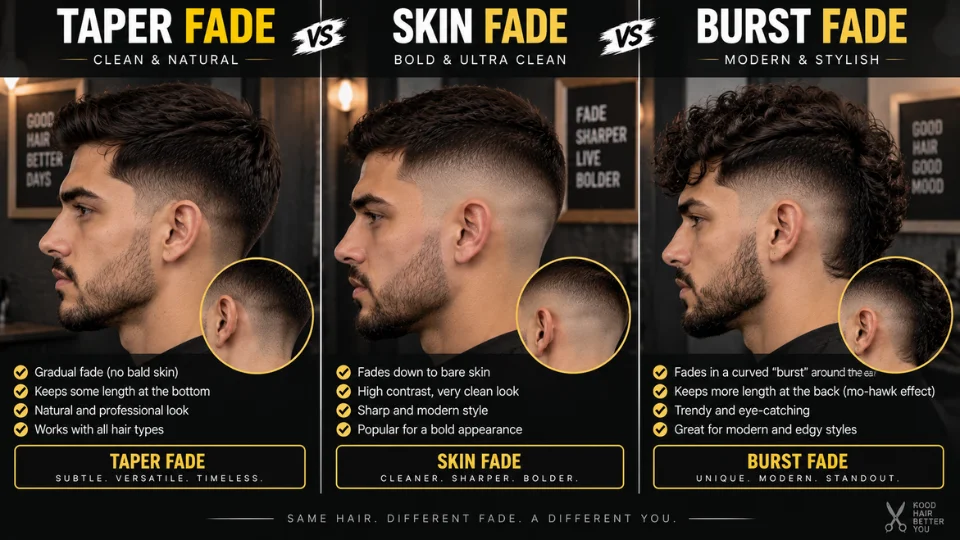 Side by side comparison of a taper fade, skin fade, and burst fade haircut