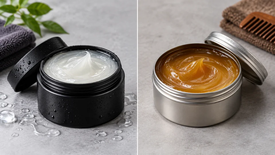 Water-based pomade versus oil-based pomade texture comparison for a burst fade haircut